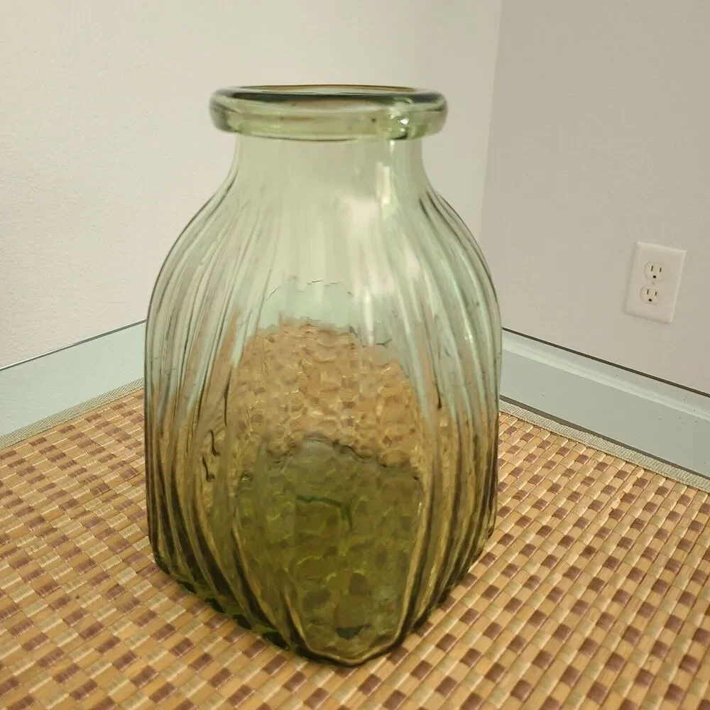 Glass Vase Green Ribbed Cube 7.75
